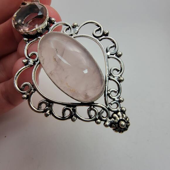 Sterling Silver Rose Quartz and Amethyst Flower Pendant Necklace - 20" Chain - Picture 4 of 8